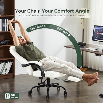 amseatec Office Chair, Big and Tall Office Chair with Foot Rest Ergonomic Chair Home Office Desk Chairs Reclining High Back Leather Chair with Lumbar Support(White)
