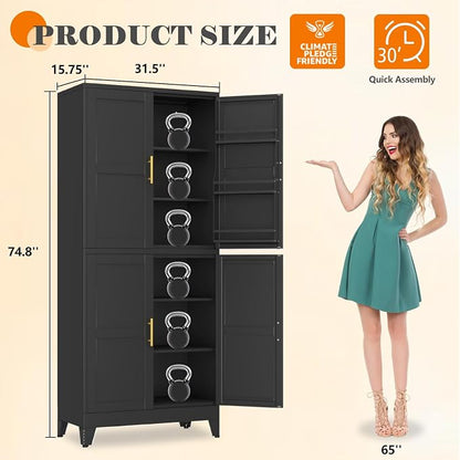 GAIOUS 74.8" Tall Metal Food Cabinet, Black Kitchen Pantry Cabinet, Storage Cabinets with 4 Door and 4 Adjustable Shelves, Steel Freestanding Cupboard for Kitchen Dining Room Living Room Bathroom