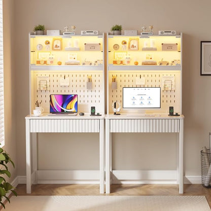 Lvifur Small Writing Desk with Power Outlet - LED Study Desk with Drawer & Hutch, Home Office Desk with Shelf & Pegboard, Space Saving Study Table Work Station for Dorm, Living Room (White)