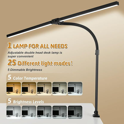 LED Desk Lamp for Office Dorm Home - Eye Caring Desk Light 18W Gooseneck Dimmable Table lamp with Anti-Glare Cover Clamp(No Remote)