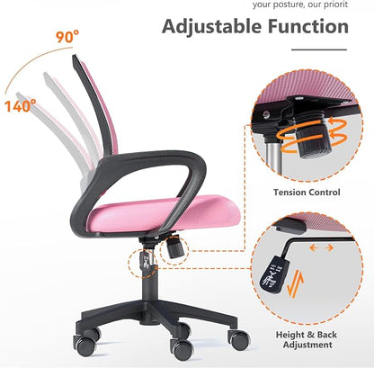 OS MOTOR Home Office Chair, Ergonomic Mid-Back Mesh Desk Chair with Lumbar Support, Adjustable Swivel Rolling Design, Comfy Armrest for Work, Study, Gaming, Vanity, Pink
