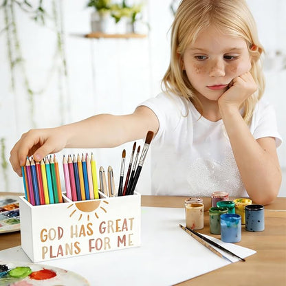 Boho Christian Kids Pen Pencil Holder for Desk, Boho Classroom Decor, God Has Great Plans for Me Bible Verse Wooden Box Sign Decorations for Kids Room Bedroom Playroom Desk Tabletop
