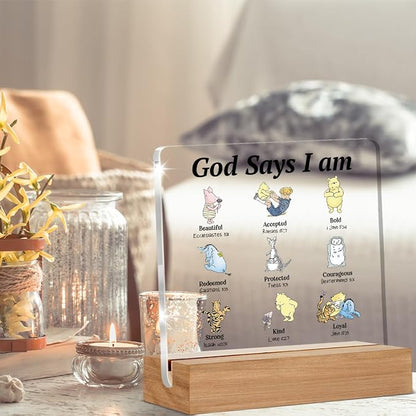Pooh Bear Gifts for Women Christian Gifts Inspirational Gift God Says Pooh Clear Desk Decorative Sign Acrylic Sign With Wooden Stand for Office Desk Table Shelf