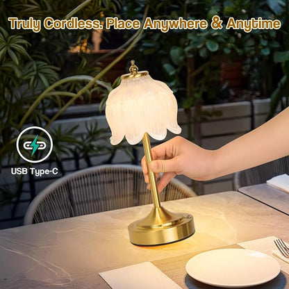Cordless Lotus Flower Table Lamp, 5200mAh Rechargeable Battery Operated Portable Lamp, 3-Color Dimmable Touch Control Small Desk Lamp for Bedroom, Office, Kitchen, Nightstand,Room Decor(White)