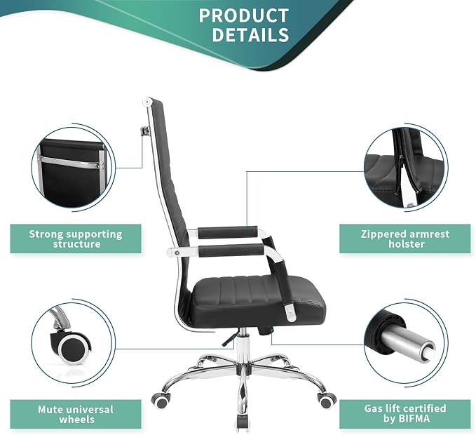Tuoze Office Chair High Back Leather Desk Chair Modern Executive Ribbed Chairs Height Adjustable Conference Task Chair with Arms (Black)