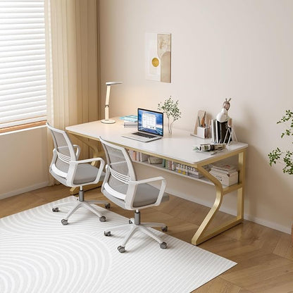 OSCHF Double Long Desk with Bookshelf - 55" Extra Long Writing Table for 2-Person Workstation, Modern Study Work Computer Desk for Home and Office, Gold