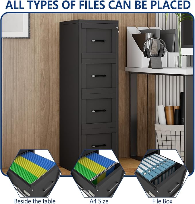 Ckzbx 4 Drawer File Cabinet with Lock, Narrow Vertical Filing Cabinet, Under Desk File Cabinets,Black Metal File Cabinets for Home Office,Fit Letter/A4/Legal Size File