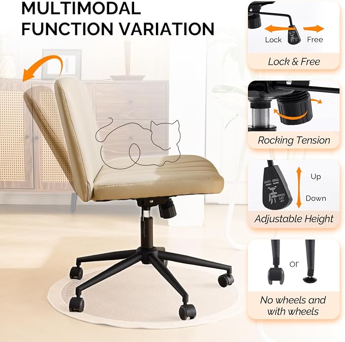 VINGLI Criss Cross Legged Chair,Wide Comfy Office Desk Chair,Dual-Use with/no Wheels Computer Task Chair,Swivel Armless Vanity Rolling Chair for Study,Make Up,Home Office,Cat Scratch PU Leather,Khaki