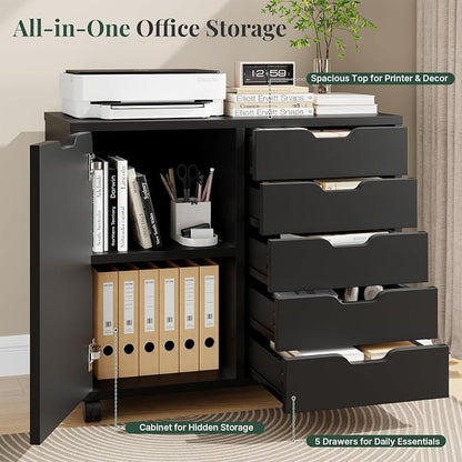 5-Drawer Mobile File Cabinet, Office Organizer with Door Black | Office Storage with Door and Adjustable Shelf Lockable Casters, Wood Printer Stand for Home Office, Living Room, Entryway