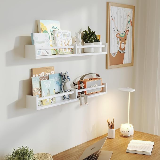 White Nursery Bookshelves,32Inch, Floating Nursery Shelves - Set of 3 - Book Shelf Organizer for Baby Nursery Room Decor, Wall Shelves for Kitchen Spice Rack, Pine