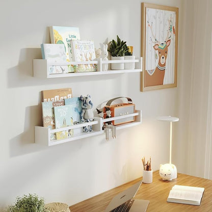 White Nursery Bookshelves,32Inch, Floating Nursery Shelves - Set of 3 - Book Shelf Organizer for Baby Nursery Room Decor, Wall Shelves for Kitchen Spice Rack, Pine
