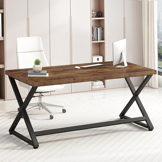 IBF 55 inch Computer Desk, Farmhouse Home Office Desk, Industrial Wood Metal Legs Work Desk for Writing Study, Vintage Minimalist Laptop Executive Workstation PC Gaming Table in Bedroom, Rustic Brown