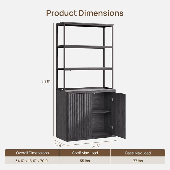 SICOTAS Book Shelf Fluted Bookshelf 71" Tall Bookcase with Doors Storage 5 Tier Mid Century Modern Bookshelves Large Shelves Metal Book Cases for Living Room Office Kitchen Library