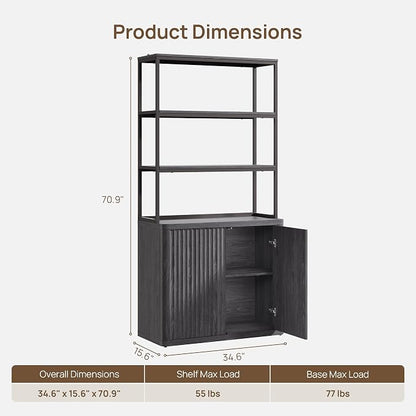 SICOTAS Book Shelf Fluted Bookshelf 71" Tall Bookcase with Doors Storage 5 Tier Mid Century Modern Bookshelves Large Shelves Metal Book Cases for Living Room Office Kitchen Library