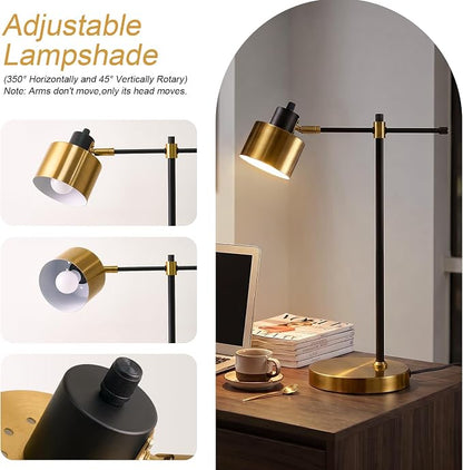 OYEARS 22.2" Modern Desk Lamp, Metal Table Lamp with LED Bulb, Adjustable Reading Lamps for Living Room, Mid Century Task Lamp for Home Office, Industrial Bedside Lamps with Solid Base,Black and Gold