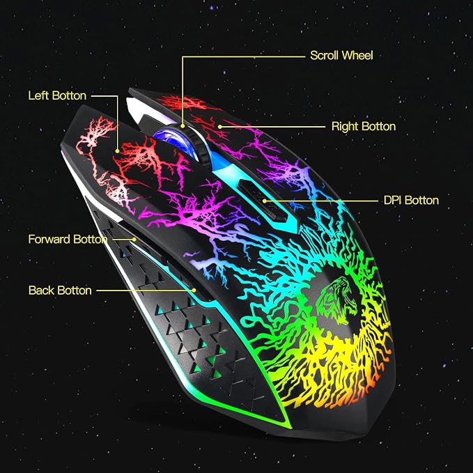 VEGCOO Wireless Gaming Mouse, Rechargeable Gaming Mouse, Silent Optical Mice with 2.4G USB Receiver, 3 Level DPI, 6 Buttons, 7 Colors LED Lights for PC/Mac Gamer, Laptop and Desktop
