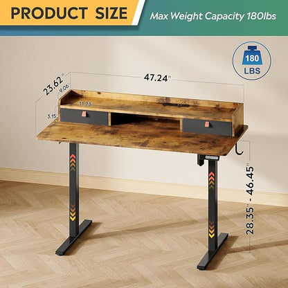 DEVAISE 48 Inch Electric Standing Desk with Shelf, 3 Adjustable Computer Desk for Home Office, with LED Touchscreen，Headphone Hook, 3 Memory Preset, with One-Piece Desktop, Rustic Brown