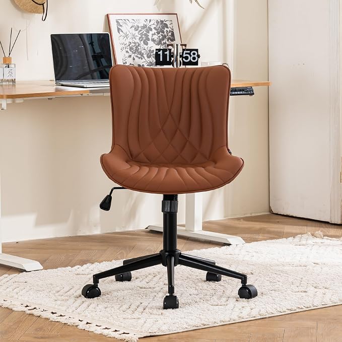 YOUTASTE Coffee Brown Office Chair Modern Armless Desk Chair with Wheels Adjustable Swivel Rocking Rolling Computer Study Chairs Faux Leather Sewing Chairs with Back Stylish Vanity Chair