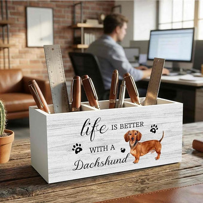 Dachshund Dog Pencil Pen Holder for Desk Organizer, Dachshund Gifts for Women Men, Weiner Dog Gifts Wooden Box Decorations for Home Bedroom Office Desk Tabletop Decor