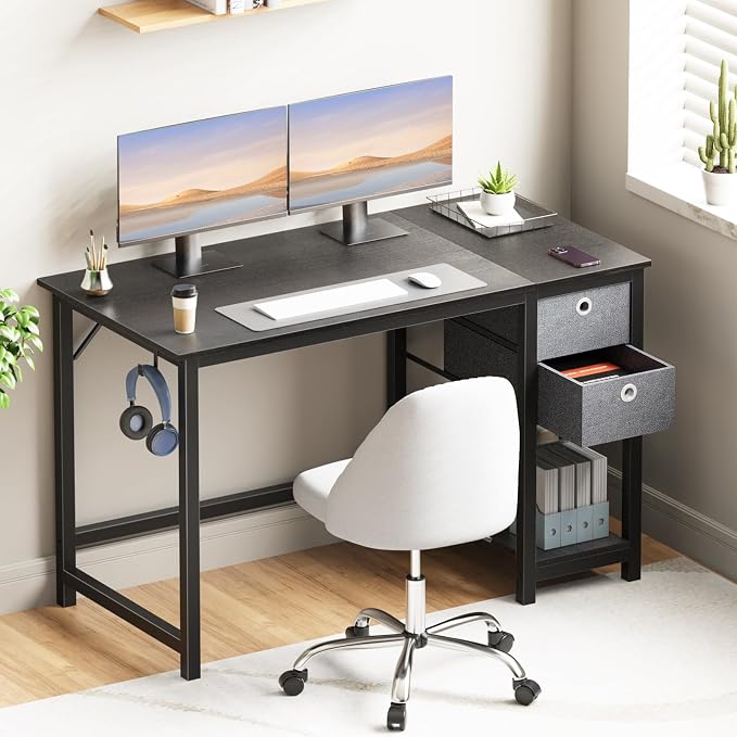 Sweetcrispy 40 Inches Computer Desk with Drawers Home Office Writing Table X-Shaped Reinforcement Modern Work Surface Side Hook Sturdy Metal Frame Large Space Storage Organization Black