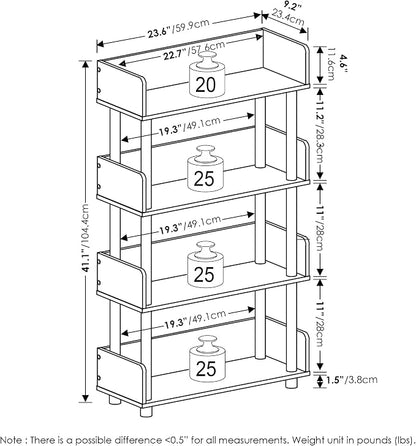 Furinno TURN-N-TUBE 4-Tier Display Shelf, Storage Shelves, Book Shelf, Open Shelves with Rounded Corner Top Edges, for Organization and Storage, Living Room, Home Office, Flagstaff Oak