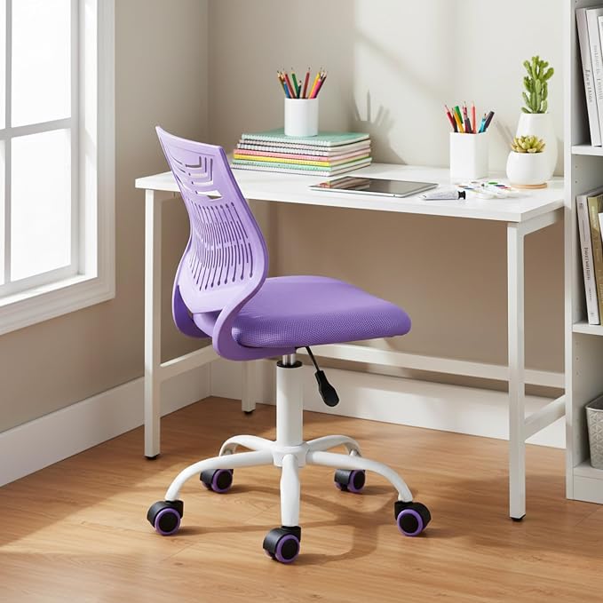 FurnitureR Desk Chair, Armless Home Office Task Chair with Mesh Padded Cushion, Swivel Study Computer Chair with Rolling Wheels for Children Kids Teens Students, Purple
