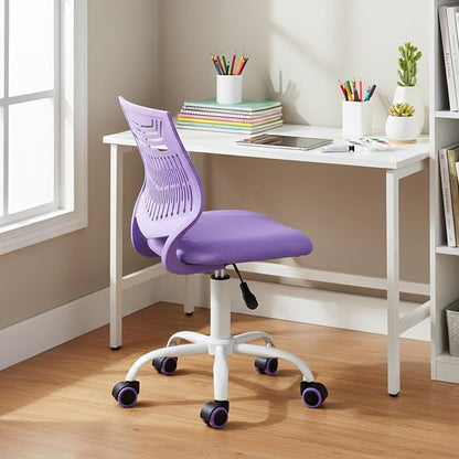 FurnitureR Desk Chair, Armless Home Office Task Chair with Mesh Padded Cushion, Swivel Study Computer Chair with Rolling Wheels for Children Kids Teens Students, Purple