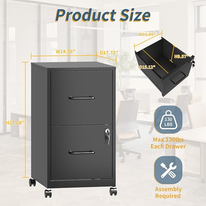 2 Drawer File Cabinet on Wheels,Mobile Filing Cabinets with Lock,Metal Storage Cabinet,Vertical Filing Cabinets for Home Office,Rolling File Cabinet for Under Desk,Amssebly Required, Black