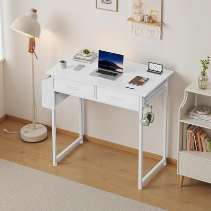 OLIXIS 32 Inch Small Desk with Fabric Drawers for Home Office, Gaming Computer Desk with Side Bag & Headphone Hook, Writing Study Work Table for Bedroom Small Space, White