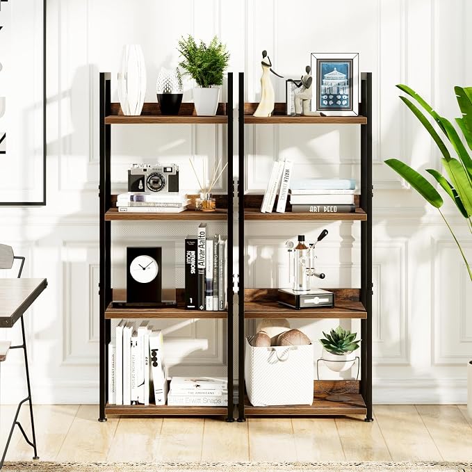 NUMENN Narrow Bookshelf, 4 Tier Bookshelves, Home Office Bookcase Shelf Storage Organizer, Free Standing Storage Shelving Unit for Bedroom, Living Room and Home Office, Vintage