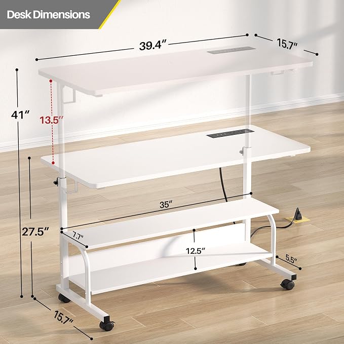 Armocity Rolling Standing Desk with Charging Station, Portable Height Adjustable Mobile Computer Desk with Wheels & 2-Tier Shelves & Hooks, Easy Assembly Laptop Table for Couch Bed, 39" White