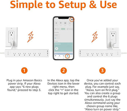 Amazon Basics Smart Plug Power Strip with 6 Individually Controlled Outlets and 3 USB Ports (2 USB-A and 1 USB-C), WiFi, Works with Alexa Only, 2.4 GHz, No Hub Required, White