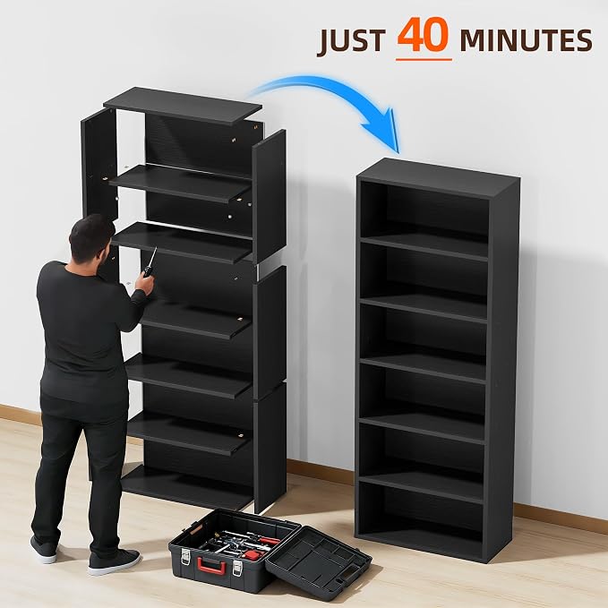 Furniwell 71" Tall Bookcase Bookshelves, 6 Tier Floor Standing Bookcases Open Frame, Modern Display Storage Organizer for Home Office, Living Room, Bedroom, Study Room (Black, 2 Pcs)