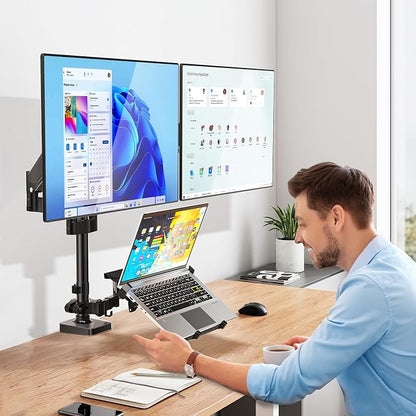 WALI Triple Arm Laptop and Dual Monitor Desk Mount for 17" Notebook and Up to 32" Screens, Adjustable Monitor Arms with Tilt Swivel Rotation, VESA 75x75 100x100, Black (GSDM003LP)