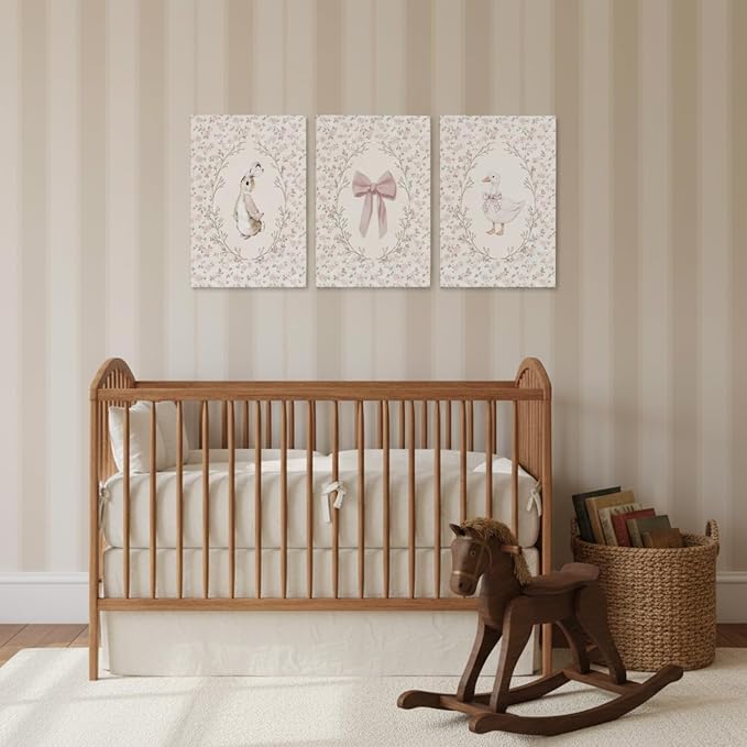Baby Girl Nursery Wall Art Set of 3, Vintage Cottage Core Nursery Decor, Pink Bow Rabbit Goose Poster Print, Cute Floral Animal Canvas Pictures for Girls Room Kids Bedroom Framed 12x16 Inch