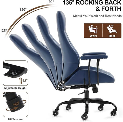 Office Chair with Rubber Wheels, Ergonomic Computer Chair 500 lbs, Leather Desk Chair with Lumbar Support, Executive Chair Adjustable Height & Recline, Blue | Ergonomic, Lumbar Support, 360° Swivel & Rolling Wheels, Adjustable Height, for Adults & Women