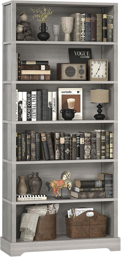 TVU 6-Tier Wooden Bookshelf, 77.2" Tall Farmhouse Style Open Bookcase, 31.5" W Standing Book Shelf with Storage, Suitable for Study, Living Room, Office, Grey