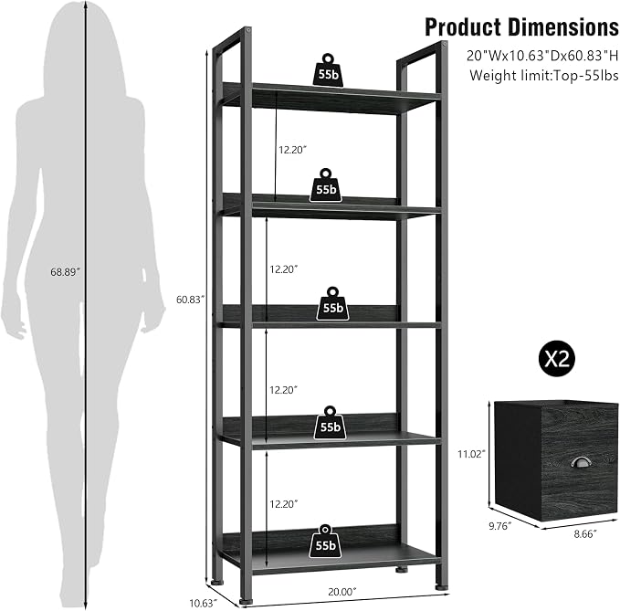 Furologee 5-Tier Bookshelf, Tall Bookcase with 2 Storage Drawers, Industrial Display Standing Shelf Units, Wood and Metal Storage Shelf for Living Room, Bedroom, Home Office, Black Oak