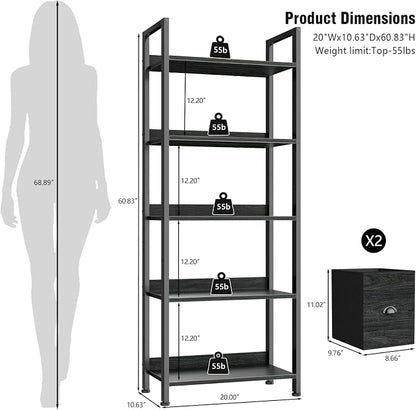 Furologee 5-Tier Bookshelf, Tall Bookcase with 2 Storage Drawers, Industrial Display Standing Shelf Units, Wood and Metal Storage Shelf for Living Room, Bedroom, Home Office, Black Oak