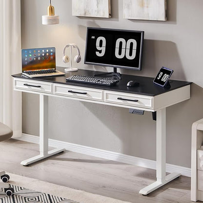 Electric Standing Desk with 3 Storage Drawers, 55x22 Inch Wood Adjustable Height Computer Desk w/One-Piece Desktop, Sit to Stand Up,Power Outlets, Gaming Table for Home Office and Study, White