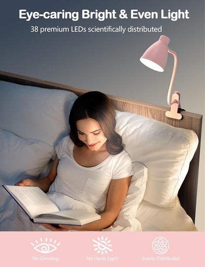BOHON Cute Desk Lamp with Clamp Clip on Light, 5 Color 10 Brightness, Pink | Flexible Gooseneck Pink Lamp 10W 38 LED Auto Off Timer Kawaii Accessories Desk Lights for Office Home Bed Bedside Reading