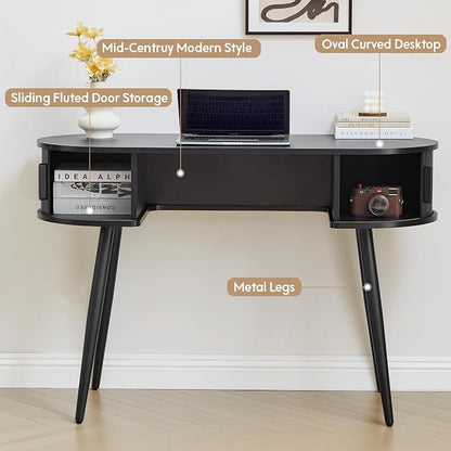 43" Mid-Century Writing Desk with Storage, Mid-Century Modern Home Office Wood Writing Desk for Bedroom, Small Table Compact Workstation for Living Room, Study (Black)