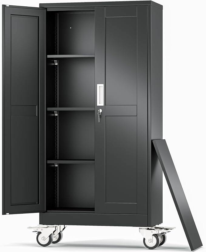 Metal Garage Storage Cabinets and storage system, 61”Tall Rolling utility cabinet with Wheels, Lock, 3 Adjustable Shelves, Heavy Duty Steel Tool Locker for Home Office, Utility Room, Gym,Black