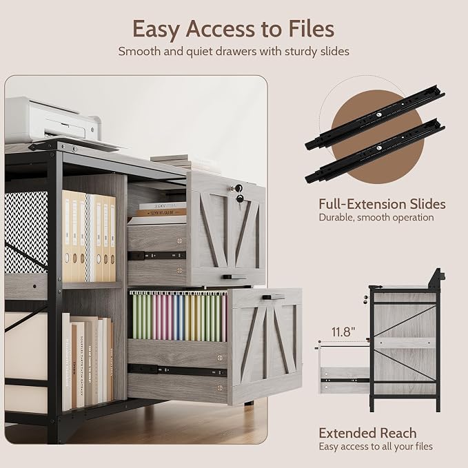 44" File Cabinet, Lateral Filing Cabinet for Home Office with 2 Drawers, Office Storage Cabinet with Lock and Key, Wooden Printer Stand with 4 Storage Shelves and Power Outlets, Office Furniture, Grey