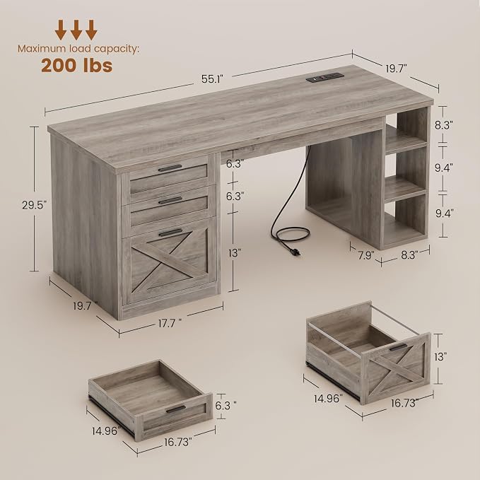 SEDETA 55.1" Executive Computer Desk with 3 Drawers, Farmhouse Office Desk with File Drawer & Storage Shelves, Executive Desk with Power Outlet for Home Office, Grey