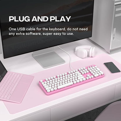 MOWUX Computer Keyboard Wired, Plug and Play USB Retro Round Typewriter Keyboard, Full Size Wired Keyboard with Foldable Stands for Laptop and Office PC- Pink