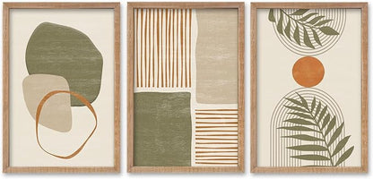 SRSZHIYUE Large Green Abstract Boho Plant Wall Art Neutral Bohemian Set of 3 Wood Framed 24x16 Inch for Living Room Bedroom Wall Decor Hanging (Wood)