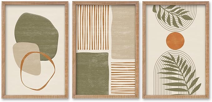 SRSZHIYUE Large Green Abstract Boho Plant Wall Art Neutral Bohemian Set of 3 Wood Framed 16x11 Inch for Living Room Bedroom Wall Decor Hanging (Wood)