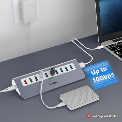 Powered USB Hub 10Gbps, 10 Port USB 3.2 Gen 2 Hub with 7 USB 3.2 Data Ports, 3 Fast Charging Ports, 36W Power Adapter, Type A and Type C Cable, Aluminum USB Hub for Laptop, Mac, PC