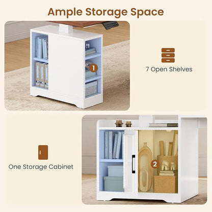 SEDETA Farmhouse L Shaped Electric Standing Desk, 63" x 67" Height Adjustable Home Office Executive Desk with Drawers, Standing Computer Desks with Power Outlet for Home Office, White+Brown